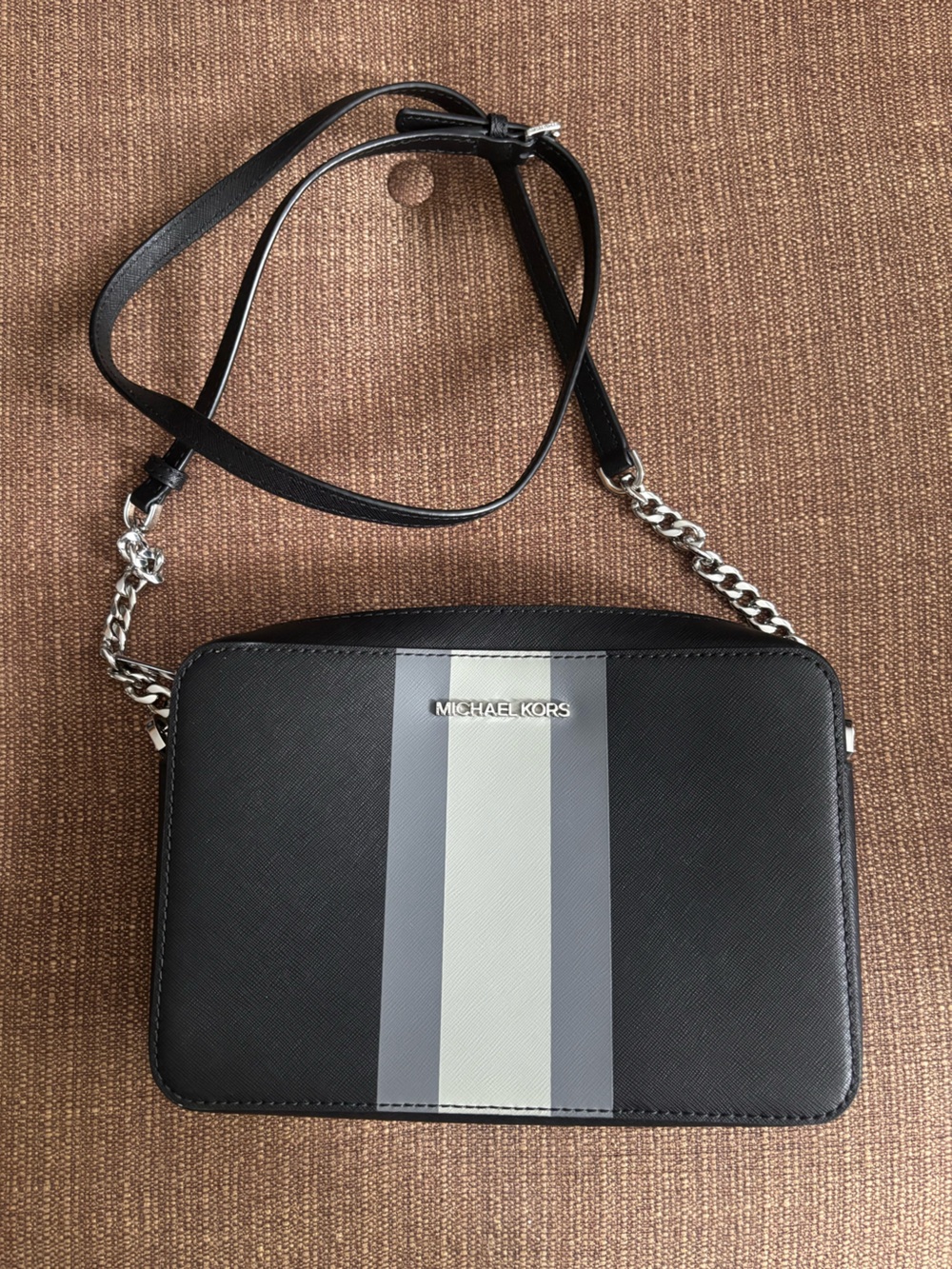Michael Kors Black Jet Set Crossbody with Gray Stripes